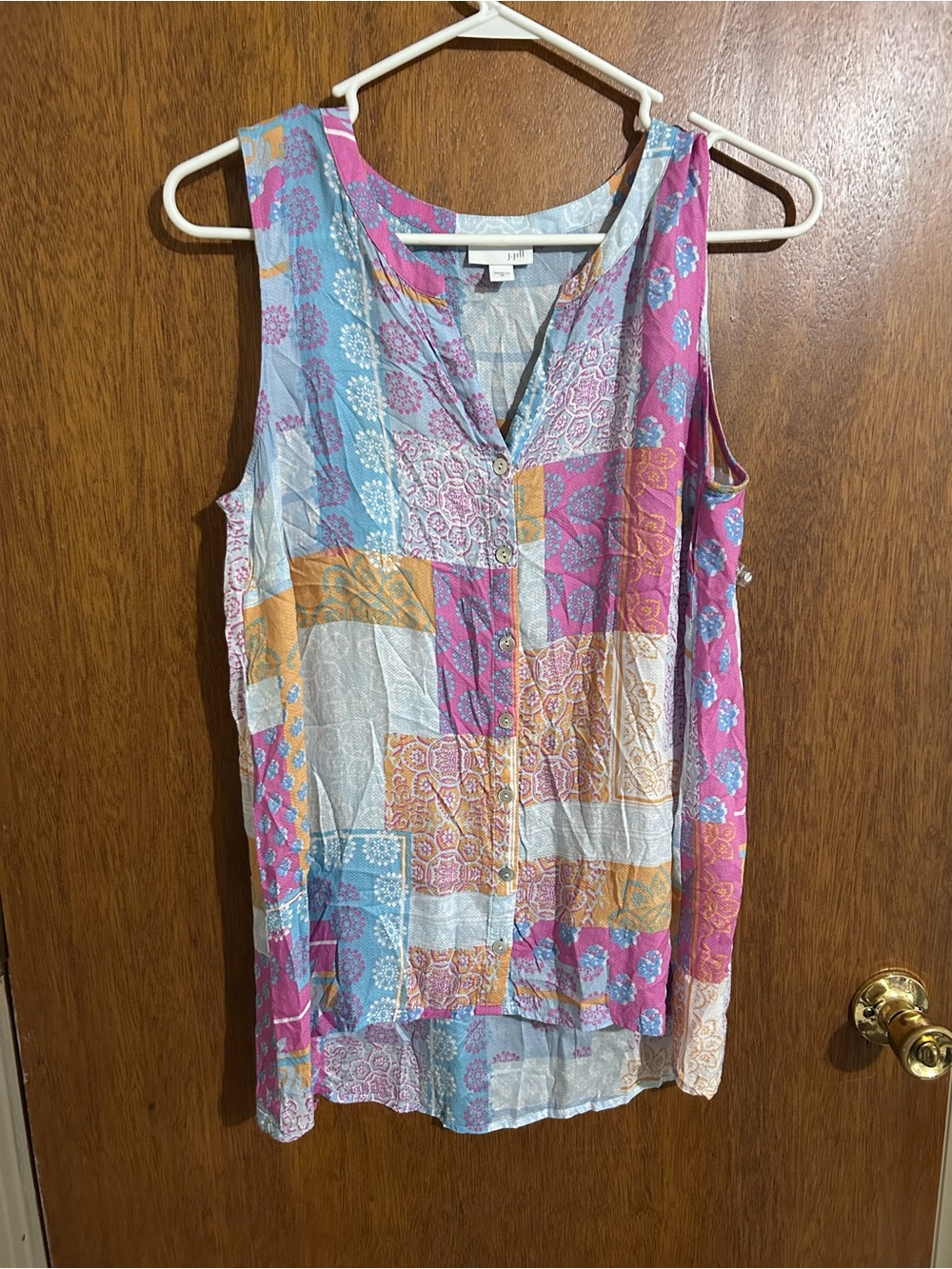 J. Jill Sleeveless Patchwork Blouse in Pink, Blue & Gold Colorful Women’s Size M